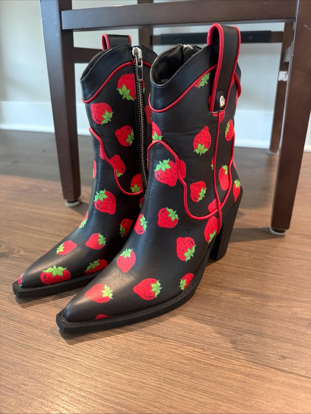 Dolls Kill Black Strawberry Print Western Ankle Boots